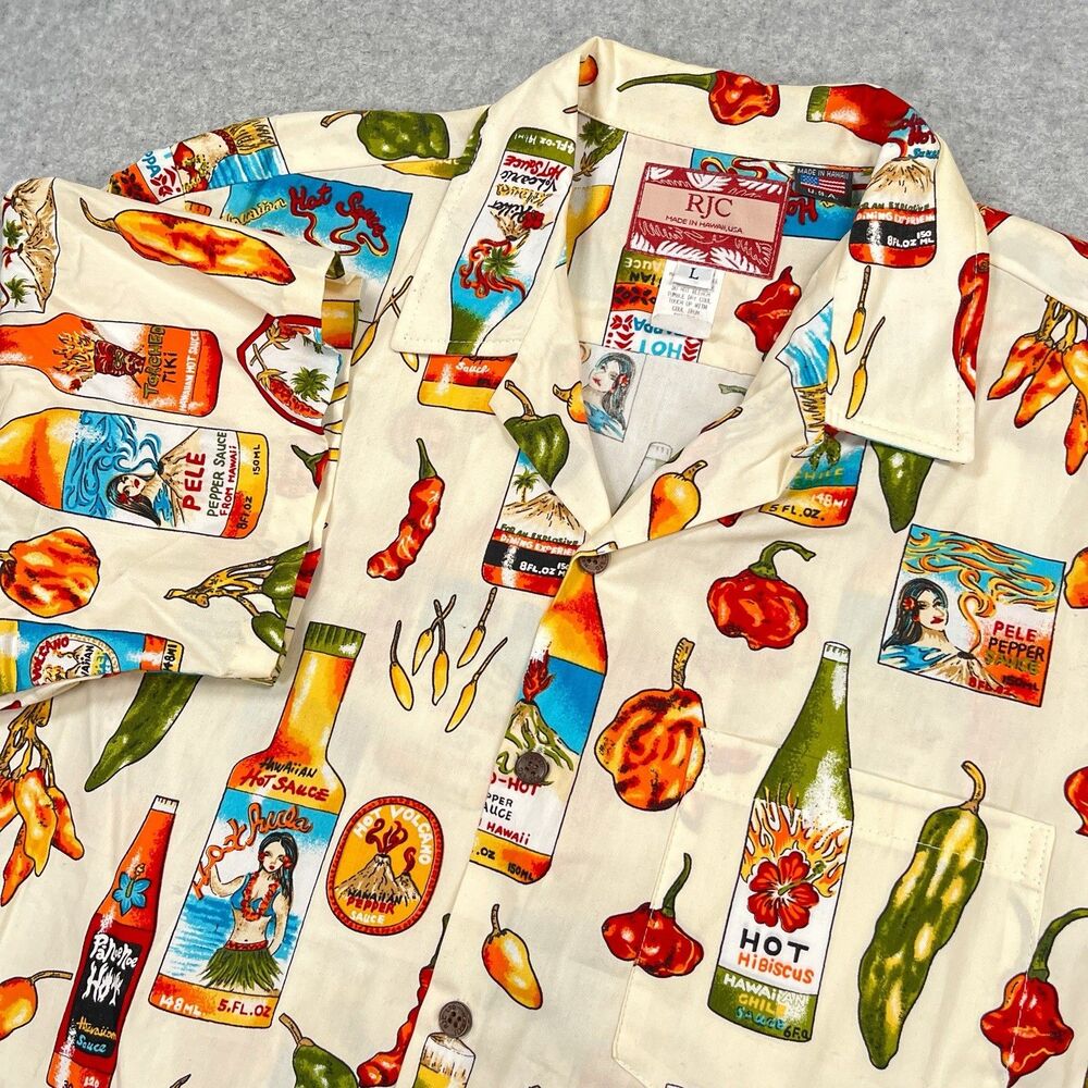 NEW RJC Hawaiian Shirt Mens Large Hot Sauces Peppers AOP Aloha Camp Hawaii USA
